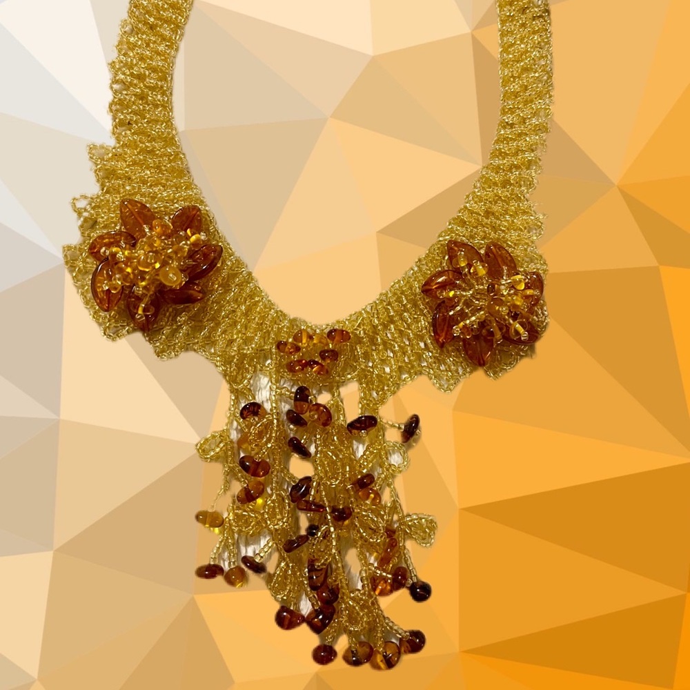 Vintage handcrafted gold seed bead Amber Necklace , Choker Collar